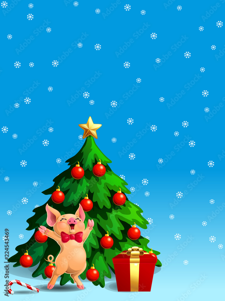 Naklejka premium Joyful yellow pig ang fir tree vert