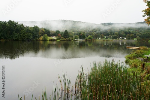 Fog reflected in lake water