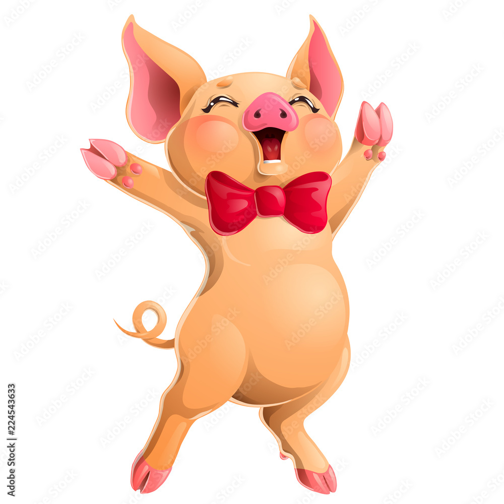 Obraz premium Joyful pink pig head and red bow on white