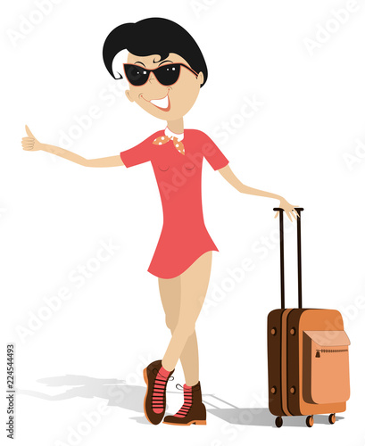 Hitchhiker young woman isolated illustration. Pretty young woman in the sunglasses with suitcase hitchhiking on the road isolated on white 
