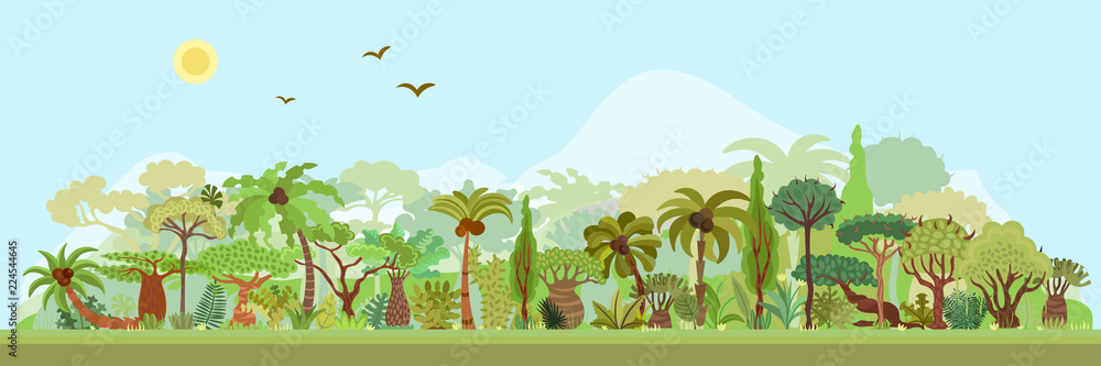 Vector tropical rainforest landscape with palms and other tropical trees. Tropical forest panoramic illustration. Flat vector design of tropical forest landscape in light green summer colors