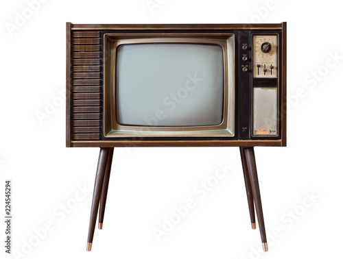 Retro old television standing isolated on white background.