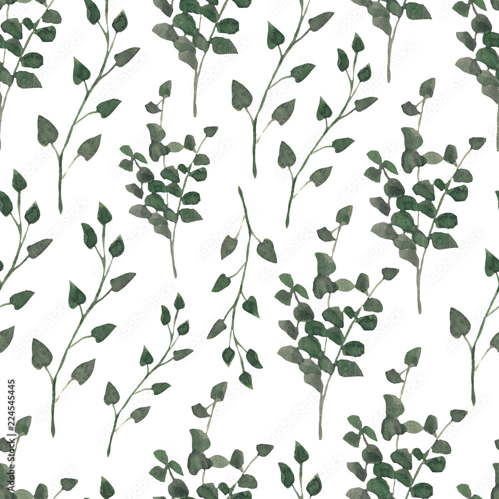 Seamless watercolor pattern with eucalyptus branches on white background