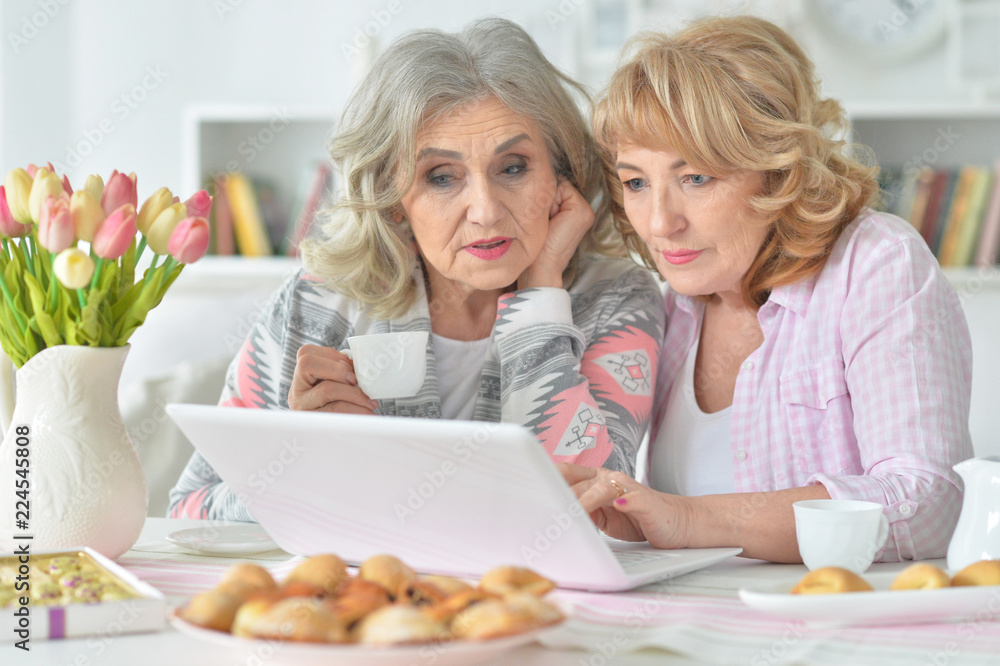 two senior women drinking tea at home