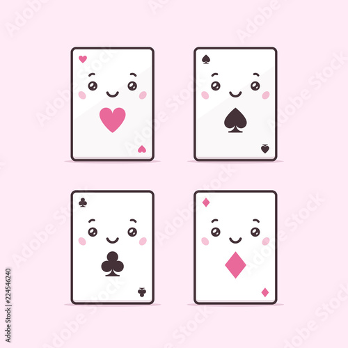 Cute playing poker card characters. Four suits - hearts,spades,clubs and diamonds. Kawaii styled vector illustration