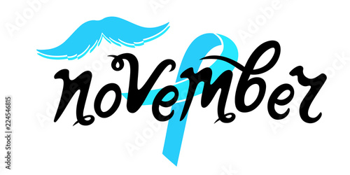November hand drawn lettering with blue ribbon and mustache. Prostate cancer Awareness Month concept.