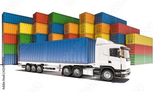 Semi Truck with Cargo Containers in the Background 3d rendering