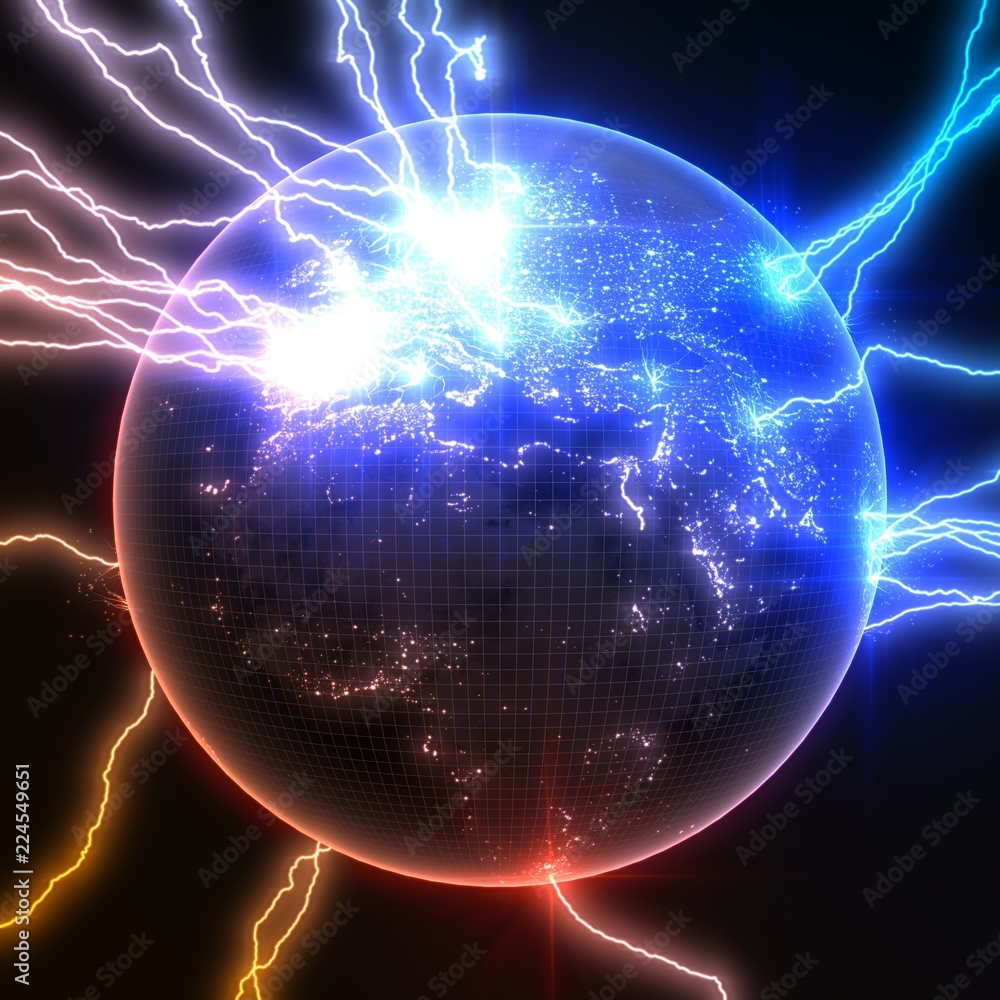 Fototapeta premium powerful lightning strikes on earths europa side and makes cracks on surface of sphere. 3d illustration