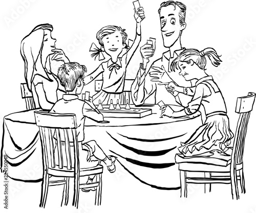 Parents with their little children playing together board game at home. Family vacation concept.