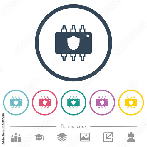 Hardware protection flat color icons in round outlines