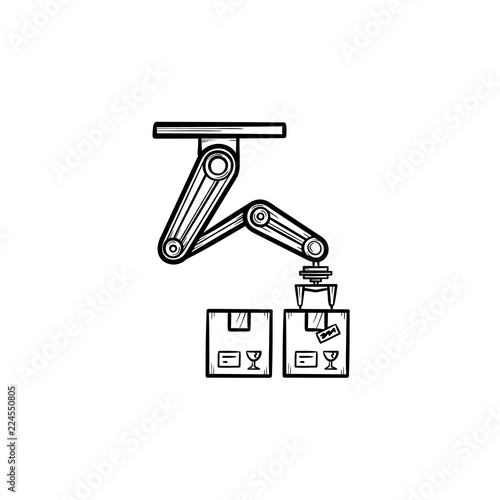 Robotic arm picks a box in manufacturing process hand drawn outline doodle icon