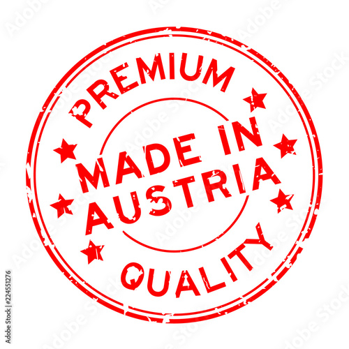 Grunge red premium quality made in Austria round rubber seal stamp on white background