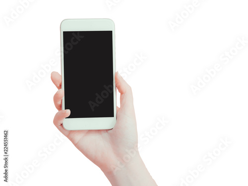 isolated and technology concept from beauty hand hold and present application on smart phone by asian woman beauty right hand with white background and clipping path support