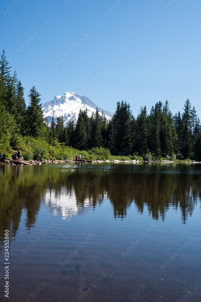 Mirror Lake on a calm, sunny cloudless day, with a view of Mt. Hood - Oregon