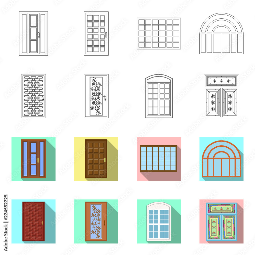 Isolated object of door and front logo. Collection of door and wooden stock vector illustration.