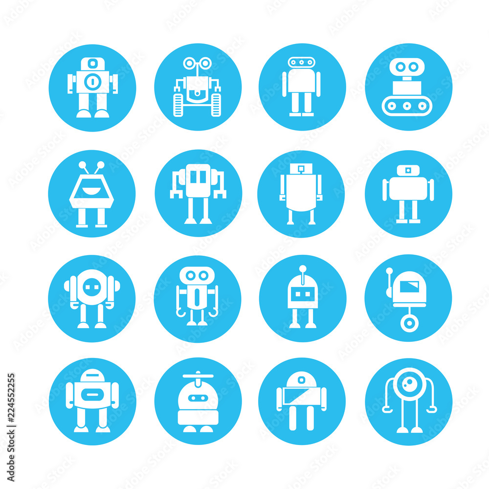robot character icons in blue buttons