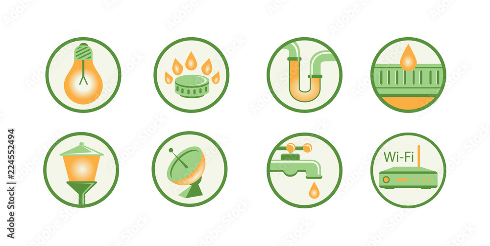 Fototapeta premium Icons outline, silhouette. Communications, construction, water supply, Internet, gas, water, light, lighting