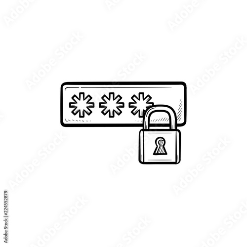 Login entering and padlock hand drawn outline doodle icon. Login security, safety access and password concept. Vector sketch illustration for print, web, mobile and infographics on white background.