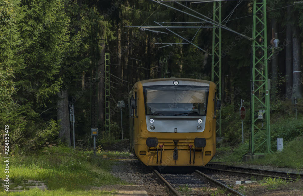 Rozmberk nad Vltavou station with yellow diesel train