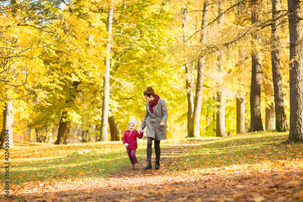 family, season and people concept - happy mother and little daughter walking along autumn park family, season and people concept - happy mother and little daughter walking along autumn park