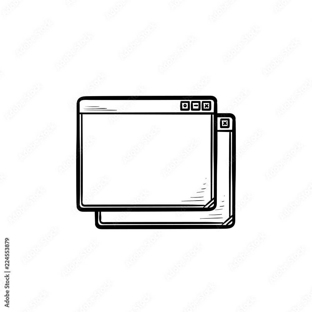 Two browser windows hand drawn outline doodle icon. Internet and interface, cascade windows and search concept. Vector sketch illustration for print, web, mobile and infographics on white background. Two browser windows hand drawn outline doodle icon. Internet and interface, cascade windows and search concept. Vector sketch illustration for print, web, mobile and infographics on white background.
