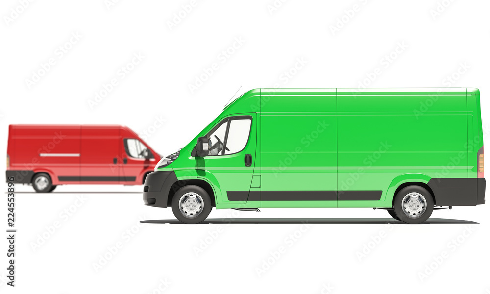 Green and Red Delivery Vans in Opposite Directions 3d rendering