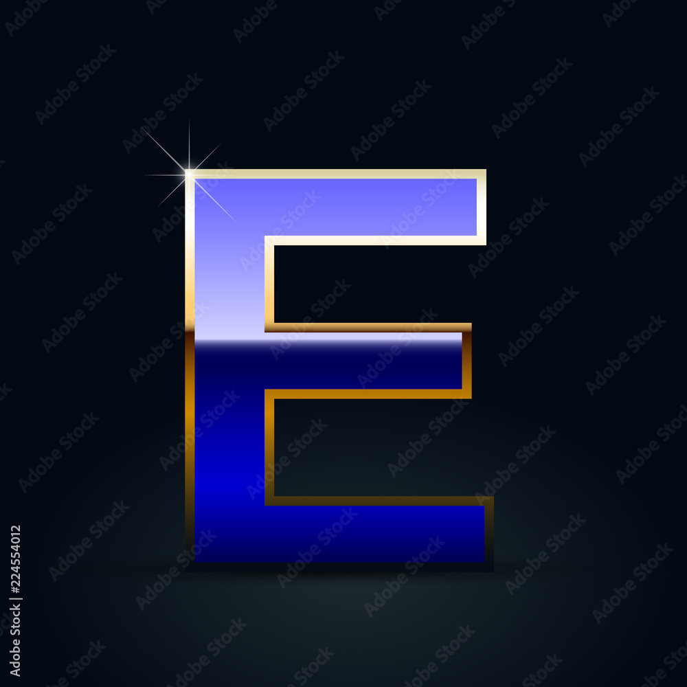 Blue glossy casino letter E uppercase with golden outline isolated on black background Blue glossy casino letter E uppercase with golden outline isolated on black background