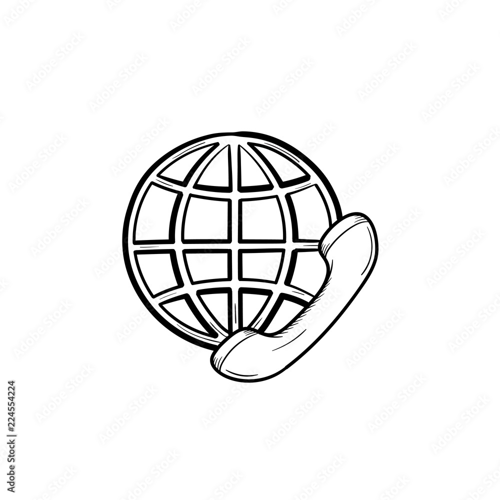 Globe and phone receiver hand drawn outline doodle icon. Global communication, international calls concept. Vector sketch illustration for print, web, mobile and infographics on white background. Globe and phone receiver hand drawn outline doodle icon. Global communication, international calls concept. Vector sketch illustration for print, web, mobile and infographics on white background.