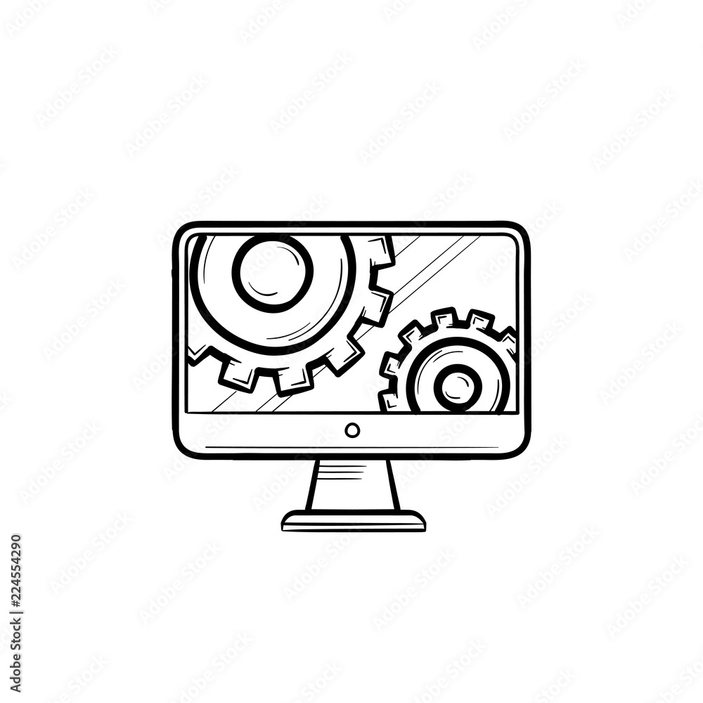 Monitor with gears hand drawn outline doodle icon Monitor with gears hand drawn outline doodle icon