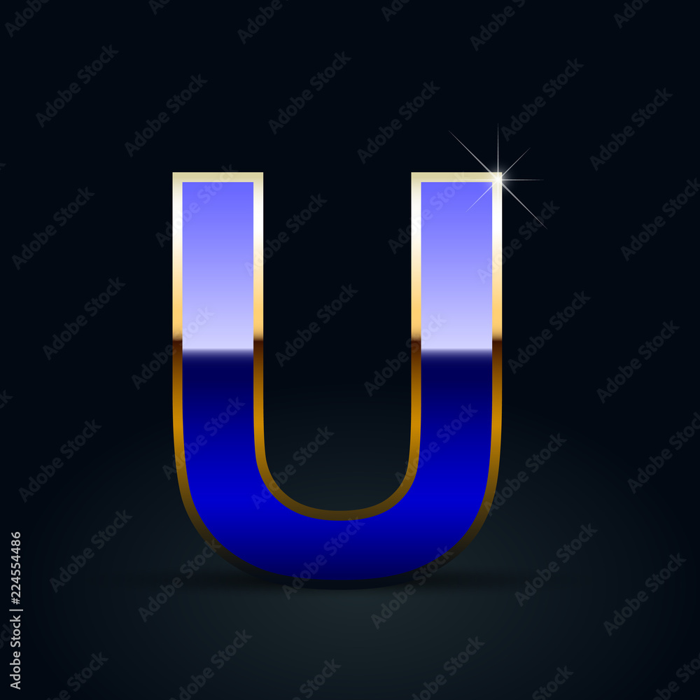 Blue glossy casino letter U uppercase with golden outline isolated on black background Blue glossy casino letter U uppercase with golden outline isolated on black background