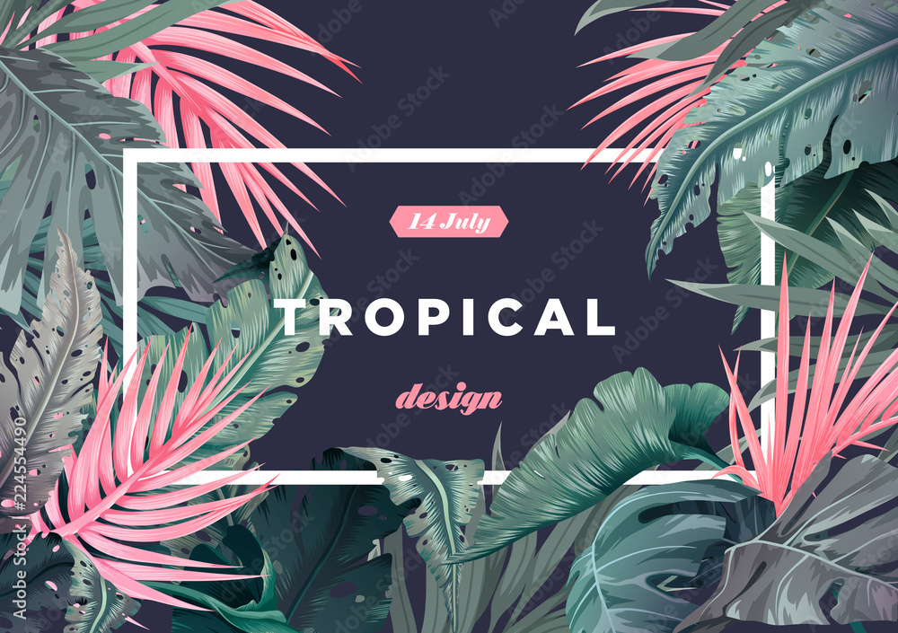 Naklejka Jasne tropikalny tło z roślinami dżungli. Egzotyczny wzór z liśćmi palmowymi. Ilustracja wektorowa