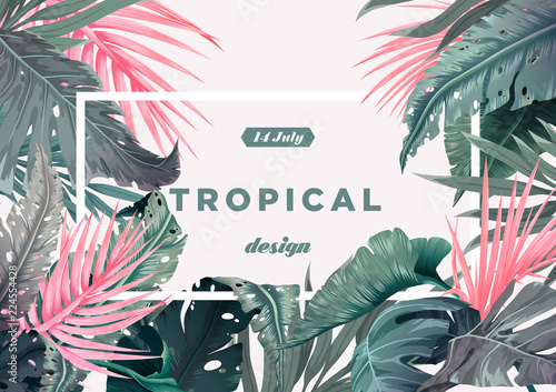 Bright tropical background with jungle plants. Exotic pattern with palm leaves. Vector illustration