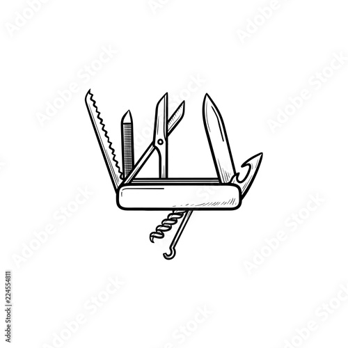 Swiss folding knife hand drawn outline doodle icon. Multipurpose and and army knife, penknife concept. Vector sketch illustration for print, web, mobile and infographics on white background.