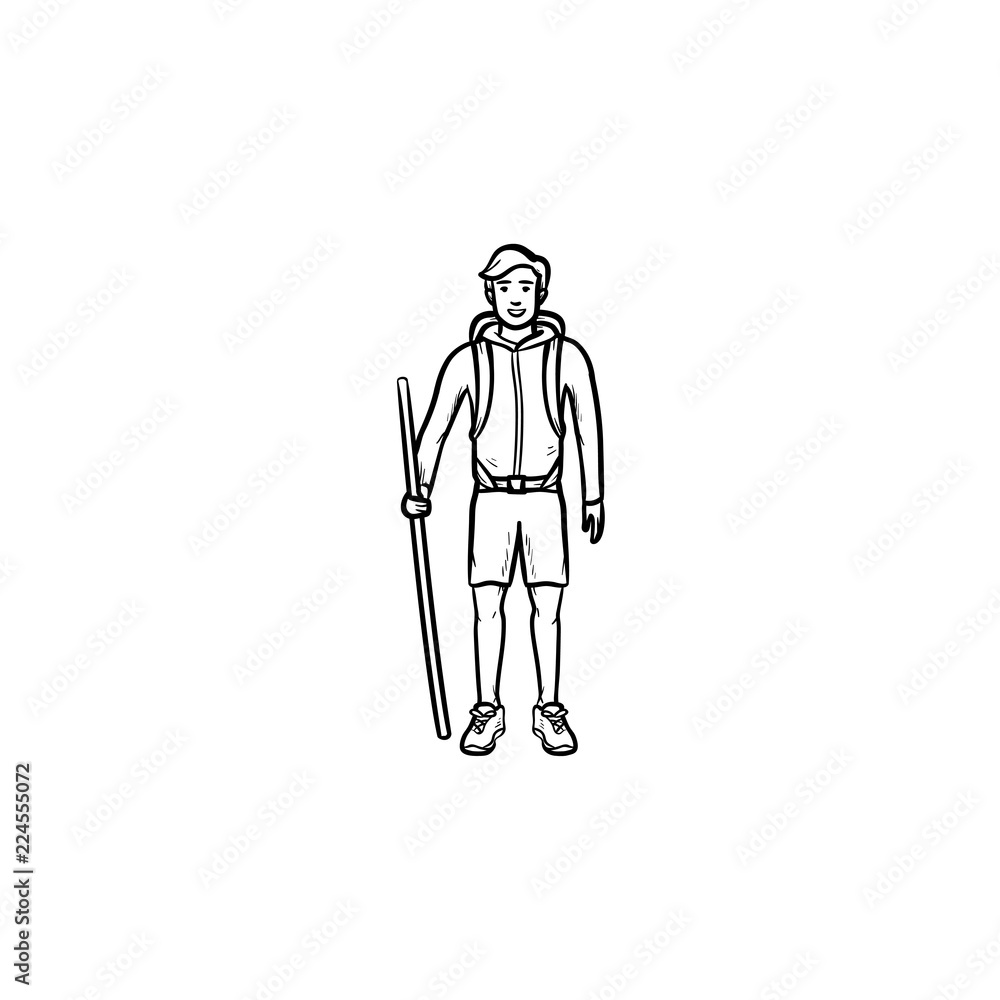 Hiker with backpack and walking stick hand drawn outline doodle icon. Travel, explore, backpacker hike concept. Vector sketch illustration for print, web, mobile and infographics on white background. Hiker with backpack and walking stick hand drawn outline doodle icon. Travel, explore, backpacker hike concept. Vector sketch illustration for print, web, mobile and infographics on white background.