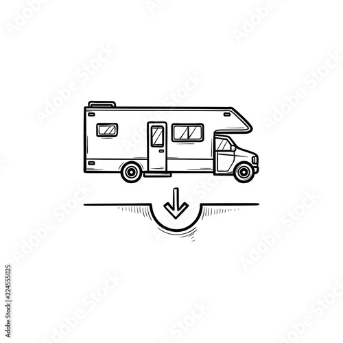 Camper hand drawn outline doodle icon. Tourism and recreation, vacation van and trailer, trip concept. Vector sketch illustration for print, web, mobile and infographics on white background.