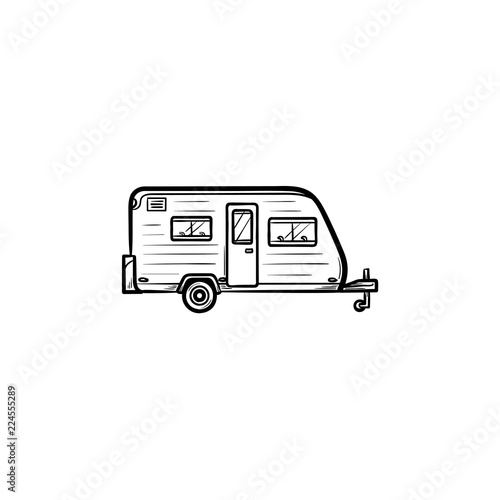 Camper hand drawn outline doodle icon. Camping trailer, vacation and travel, tourism and journey concept. Vector sketch illustration for print, web, mobile and infographics on white background.