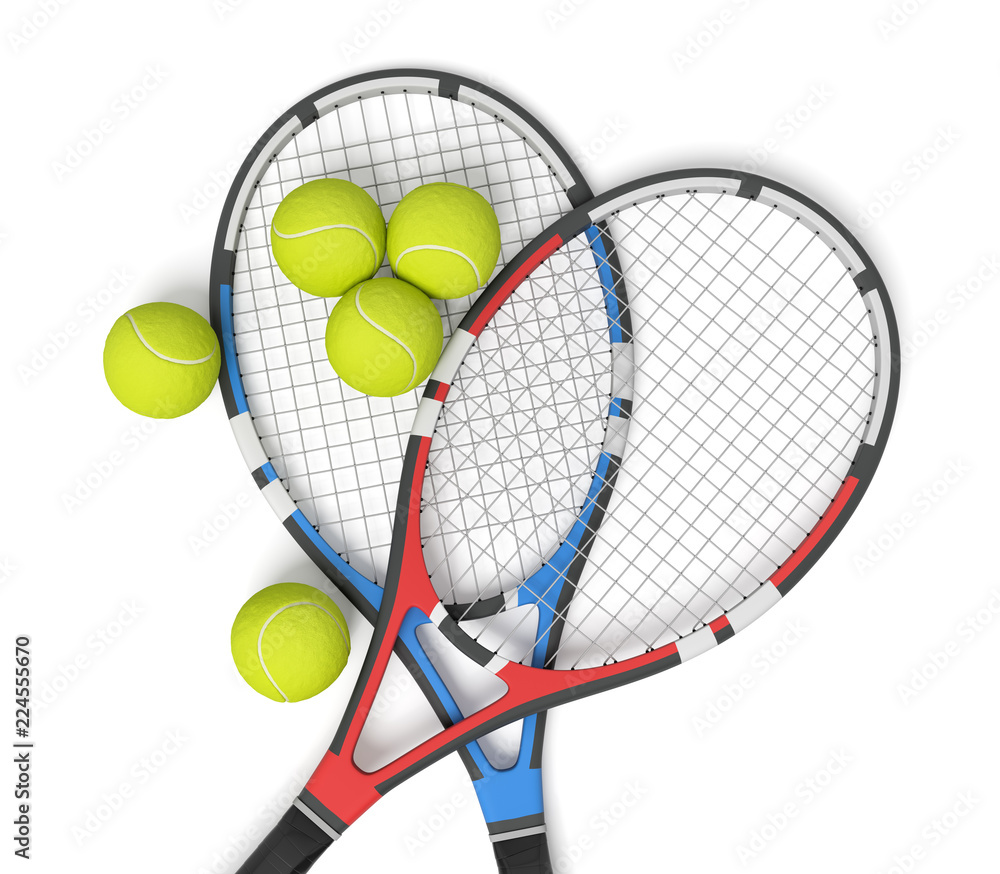 3d rendering of two tennis racquets of different colors with balls over them.