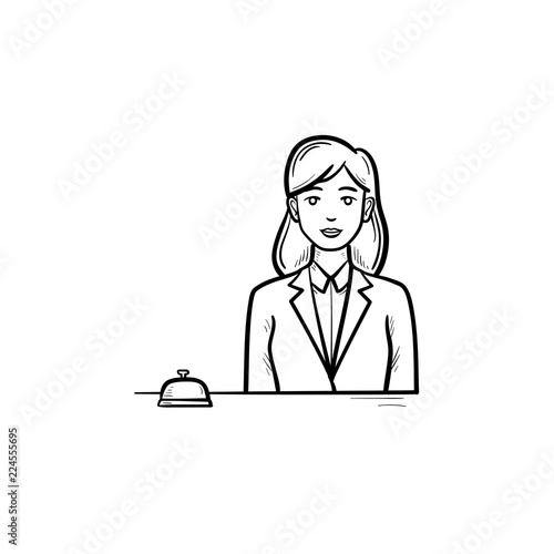 Female receptionist in a hotel with a reception bell hand drawn outline doodle icon. Reception staff concept. Vector sketch illustration for print, web, mobile and infographics on white background.