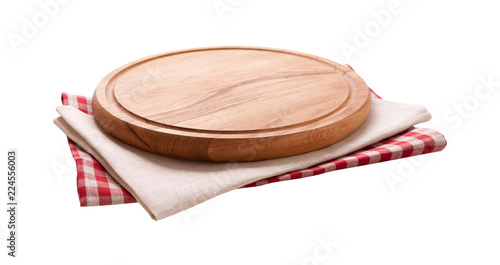 Pizza board, napkin isolated. Top view mockup
