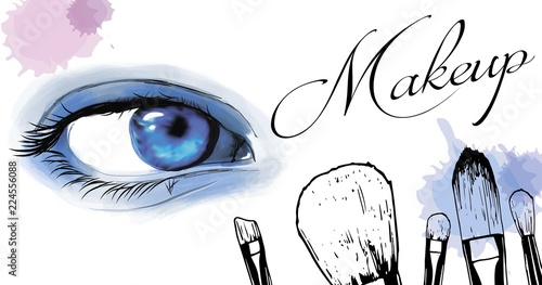 Vector hand drawn illustration of colorful women eye and makeup brushes. Concept for beauty salon, cosmetics label, cosmetology procedures, visage and makeup.