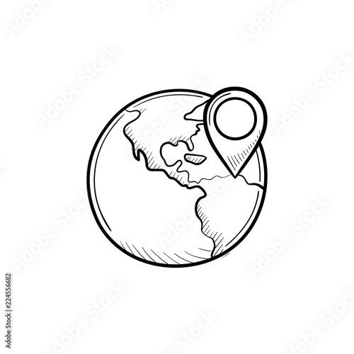 Globe with pointer mark hand drawn outline doodle icon