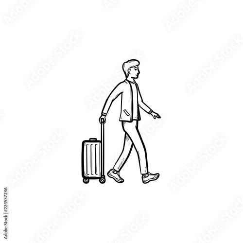 Business traveler walking with suitcase hand drawn outline doodle icon. Luggage and tourism, trip concept. Vector sketch illustration for print, web, mobile and infographics on white background.