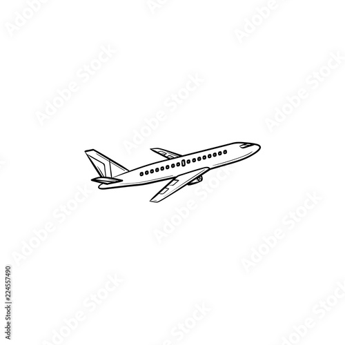 Flying plane hand drawn outline doodle icon. Airliner and aircraft, flight and transportation, airplane concept. Vector sketch illustration for print, web, mobile and infographics on white background.