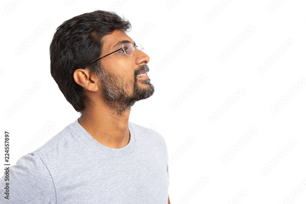 Man with eyeglasses looking up. Man with eyeglasses looking up.