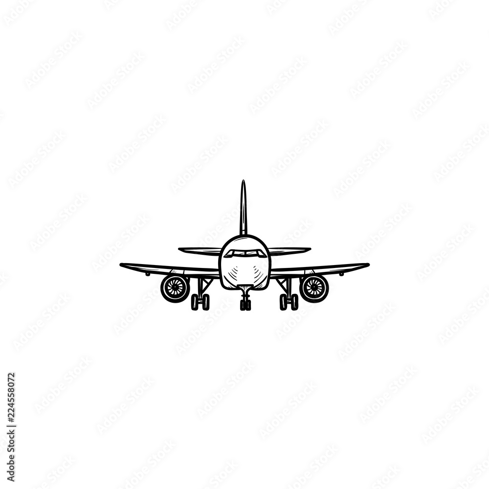 Front view of airplane hand drawn outline doodle icon. Aviation and tourism, flying aircraft, airliner concept. Vector sketch illustration for print, web, mobile and infographics on white background. Front view of airplane hand drawn outline doodle icon. Aviation and tourism, flying aircraft, airliner concept. Vector sketch illustration for print, web, mobile and infographics on white background.