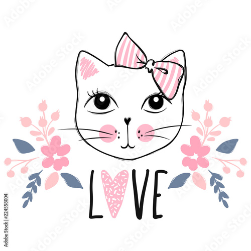 Cute cat vector design. Girly kittens. Fashion Cat's face.