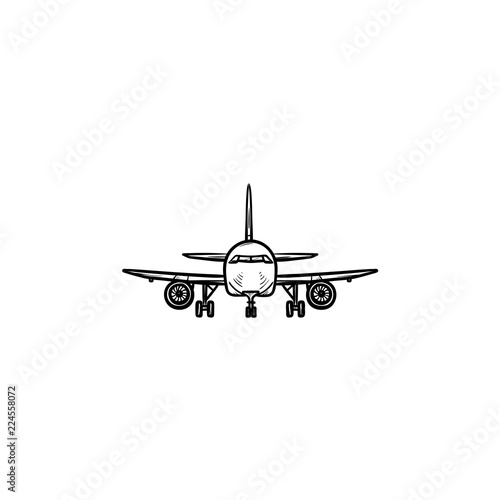 Front view of airplane hand drawn outline doodle icon. Aviation and tourism, flying aircraft, airliner concept. Vector sketch illustration for print, web, mobile and infographics on white background.