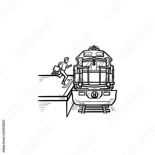 Train station and passenger gets on the train hand drawn outline doodle icon. Railway transport, subway concept. Vector sketch illustration for print, web, mobile and infographics on white background.