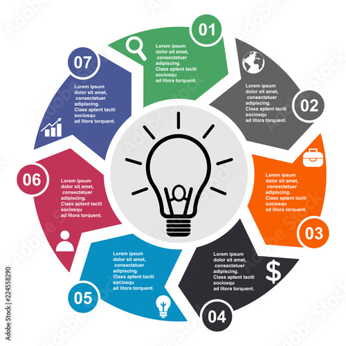 7 step vector element in seven colors with labels, infographic diagram. Business concept of 7 steps or options with bulb