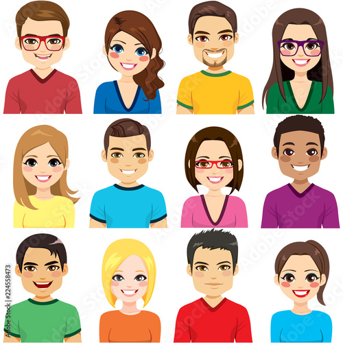 Collection of twelve different group people avatar portraits smiling